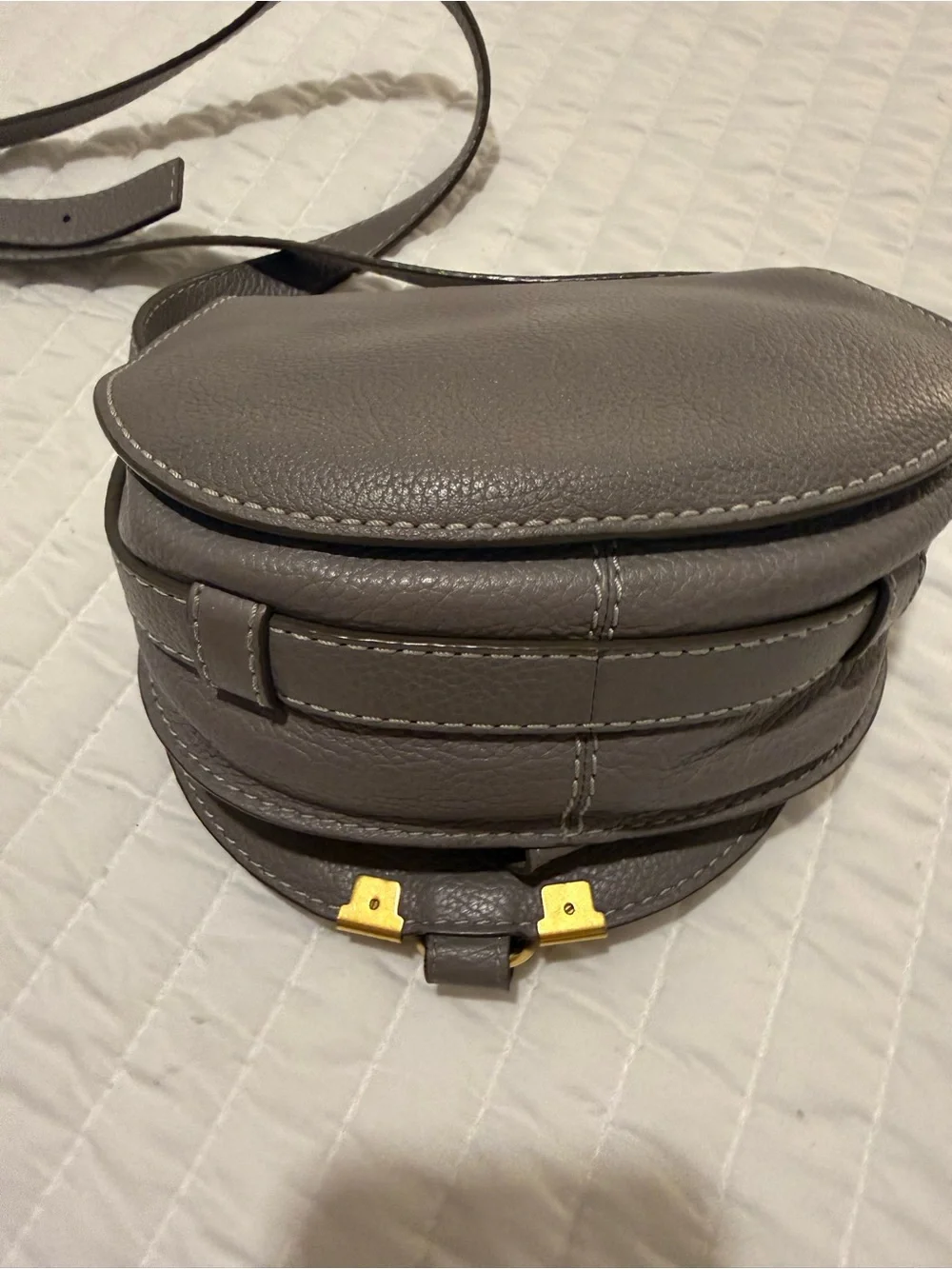 Chloe Grey Pebbled Leather Saddle Crossbody with Gold Hardware